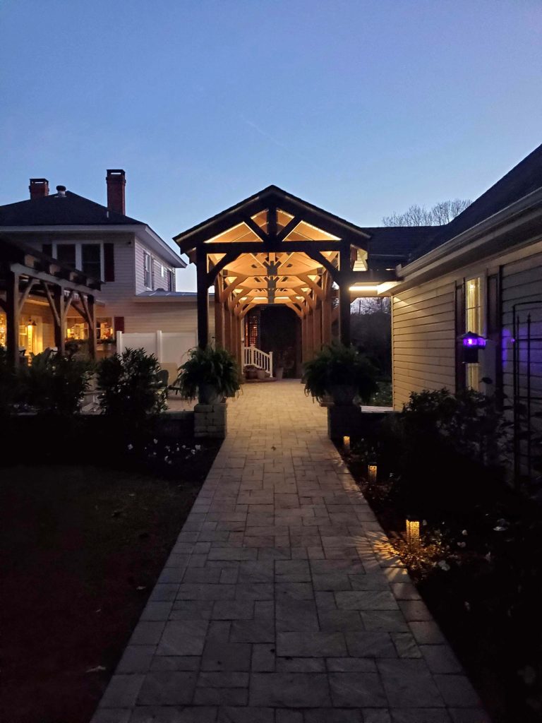 Outdoor breezeway at dusk