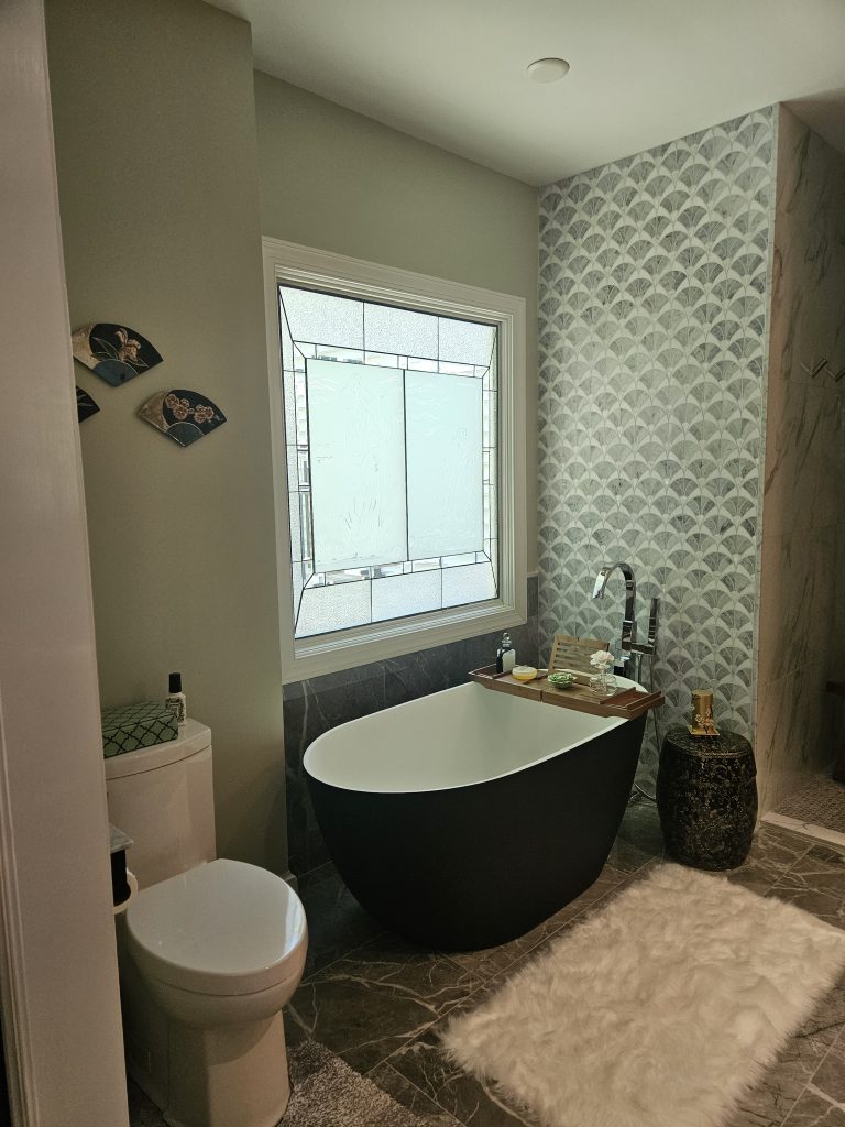 Bathroom Remodel with tub and stained glass window